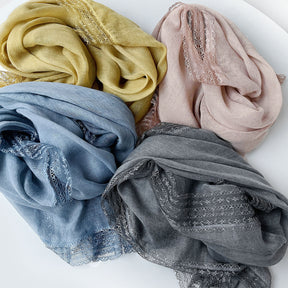 SS006  Plain Lightweight Lace Trim Polyester-Cotton Square Scarf