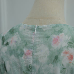 LR1373  Elegant Floral Center Print Double-Layer Polyester Tie Waist Dress
