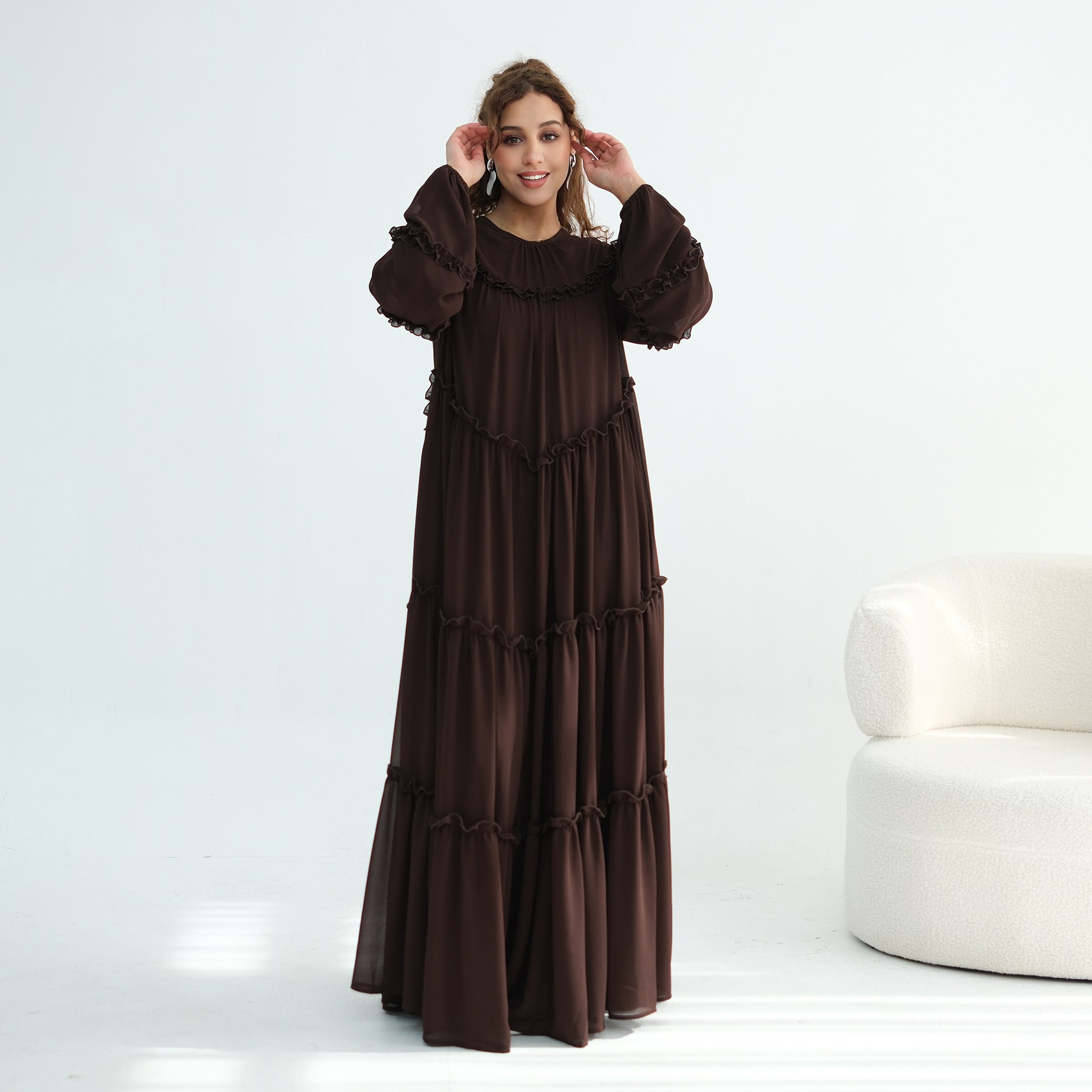 LR1161  Long Sleeve Tiered Ruffle Double Layer Dress
