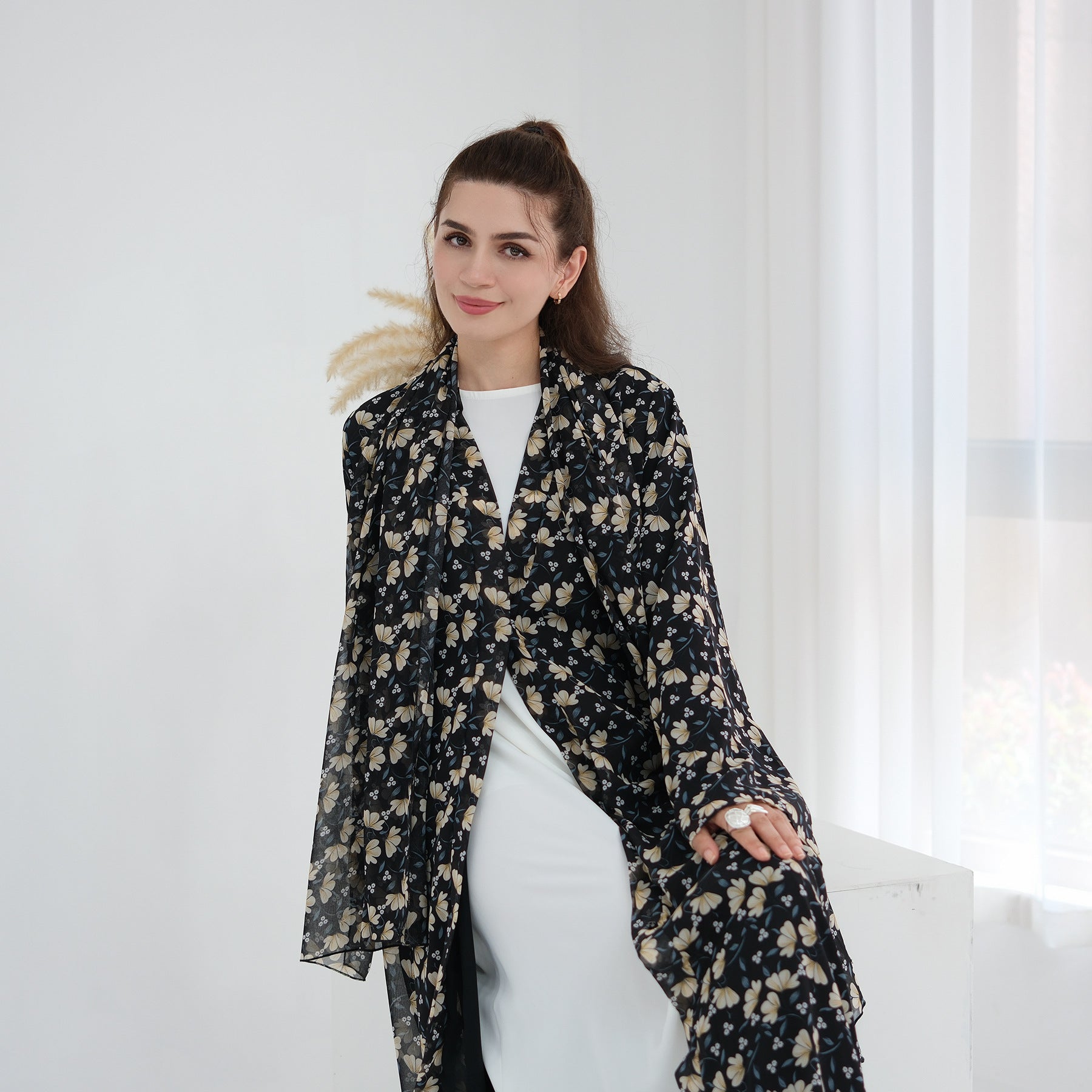 LR1067  Printed Chiffon Lined Open Abaya + Hijab Set