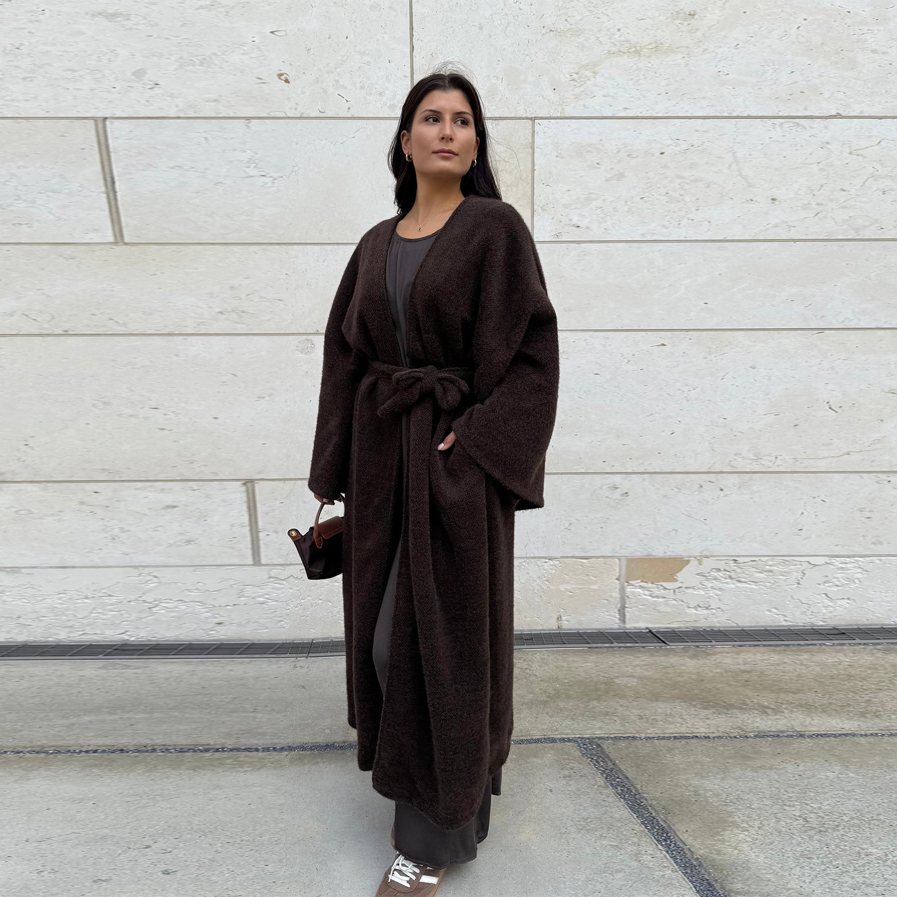 LR1125  Thick Winter Abaya Cardigan with Belt