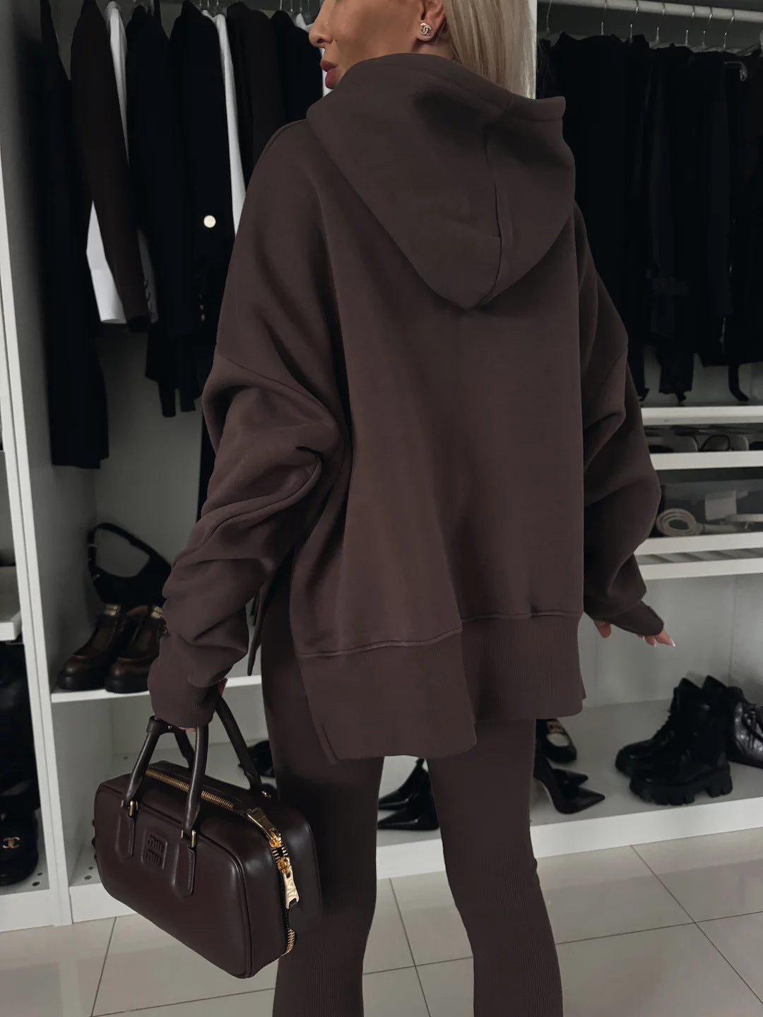 M80070  Women's Plain Printed Hooded Sweatsuit Autumn Winter Set