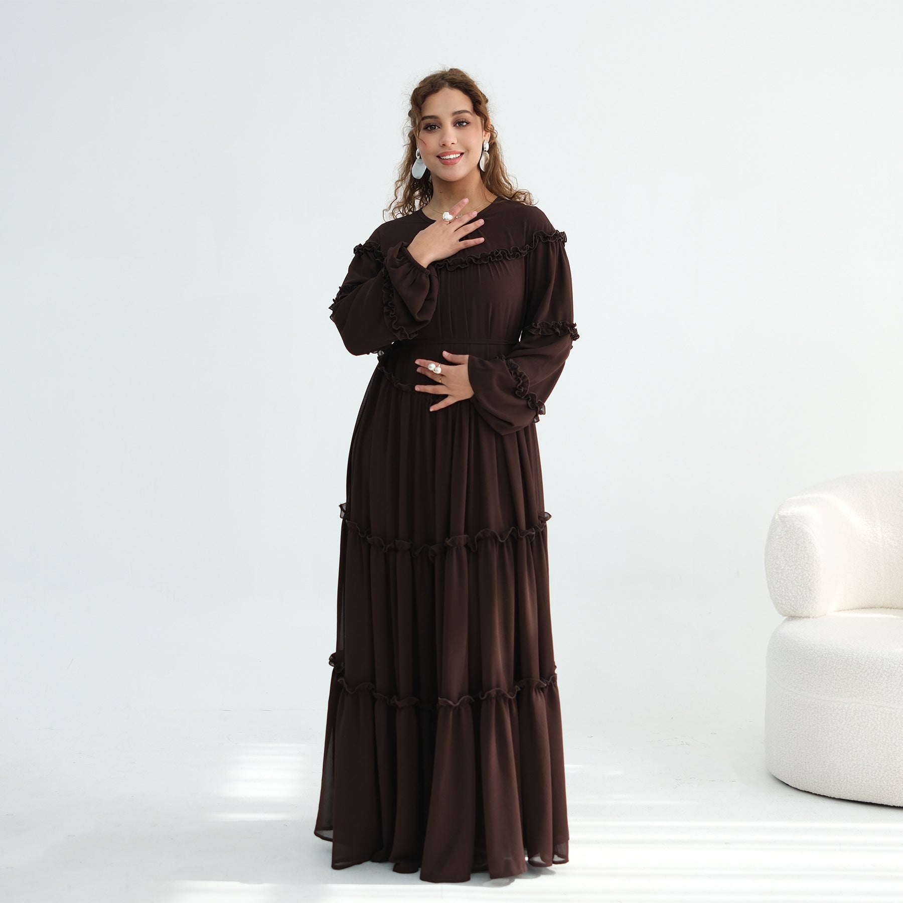 LR1161  Long Sleeve Tiered Ruffle Double Layer Dress