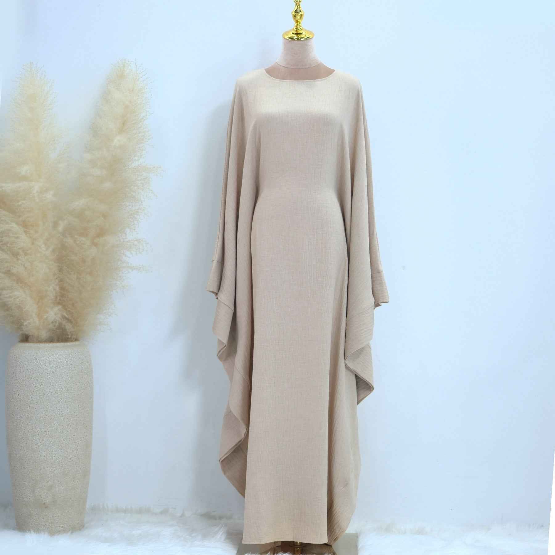 LR719 Abaya Dress with Draped Waist & Batwing Sleeves