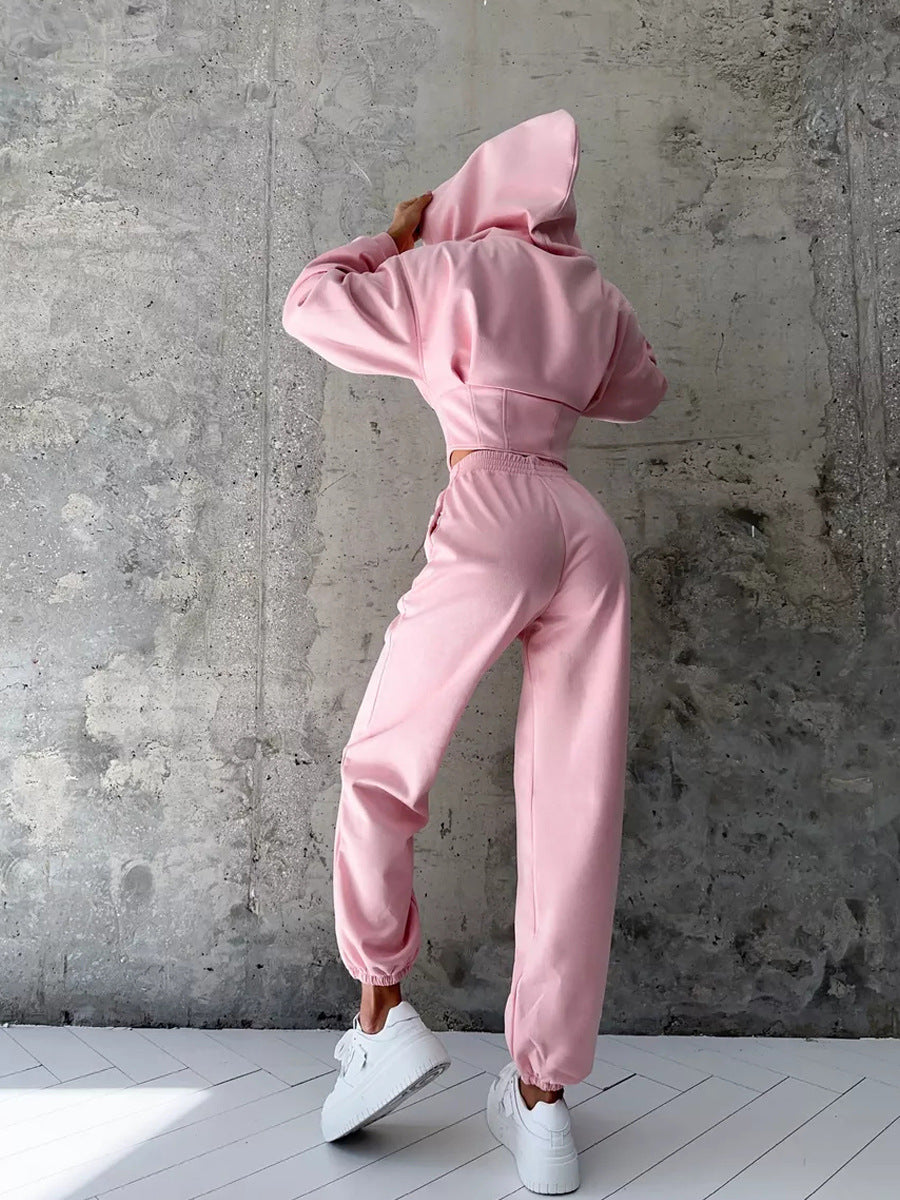 C56105  Autumn Winter Women Plain Drawstring Hooded Sweatsuit Abaya 2-Piece Set