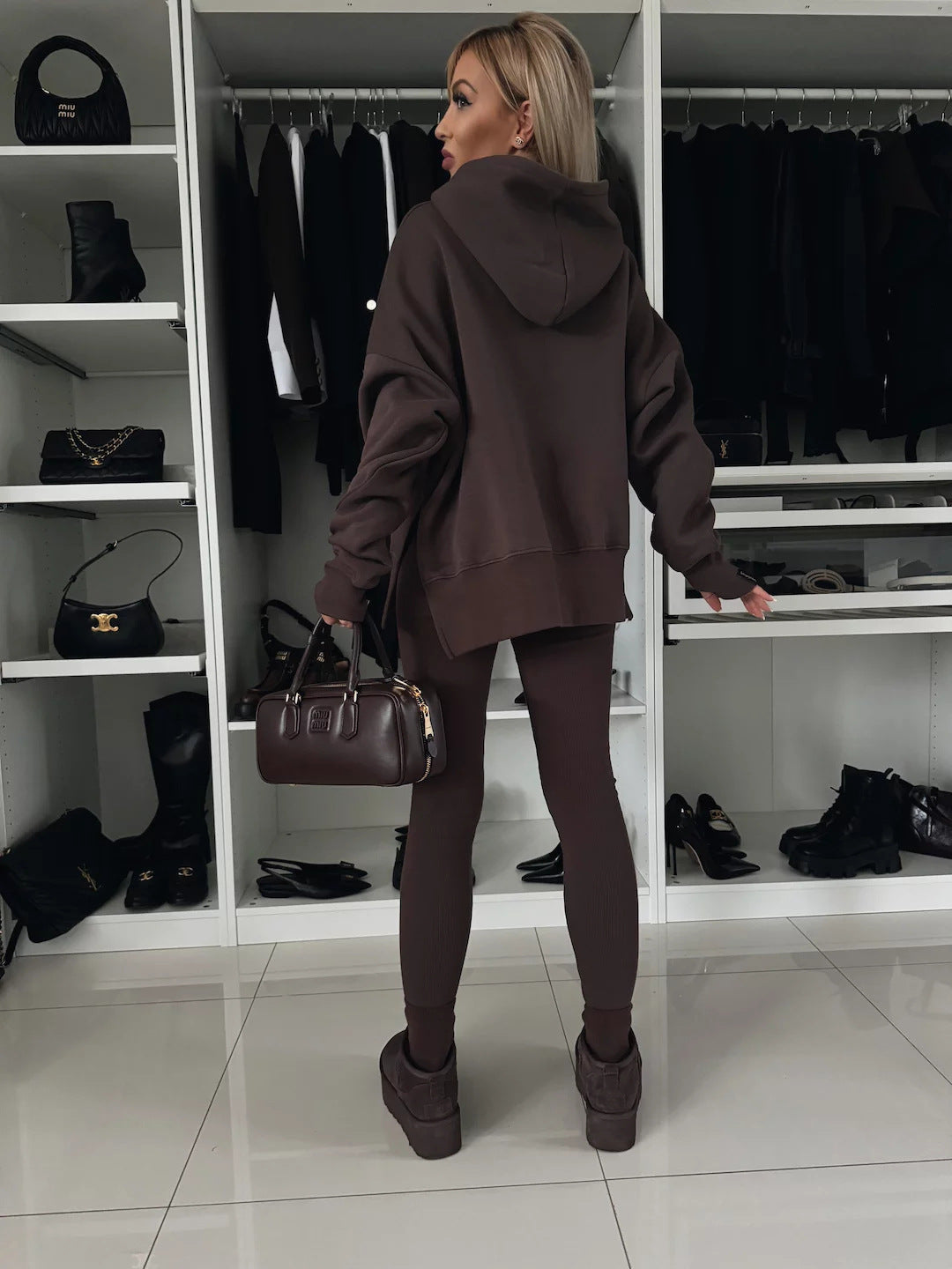 M80070  Women's Plain Printed Hooded Sweatsuit Autumn Winter Set
