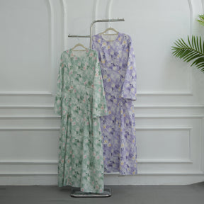 LR1373  Elegant Floral Center Print Double-Layer Polyester Tie Waist Dress