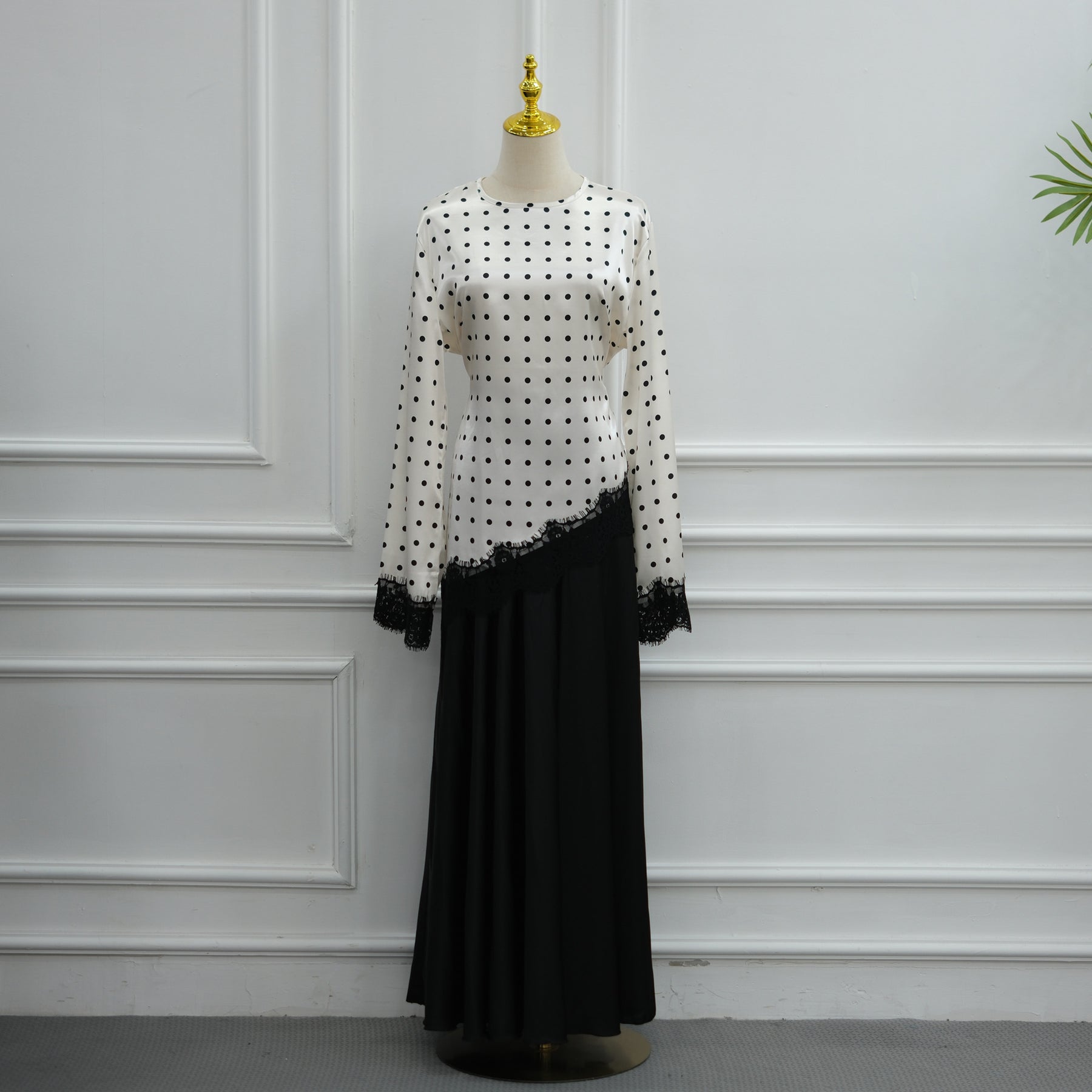 LR1357&LR1185  Lace Panel Polka Dot Polyester Top + Skirt Set