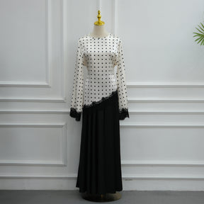 LR1357&LR1185  Lace Panel Polka Dot Polyester Top + Skirt Set