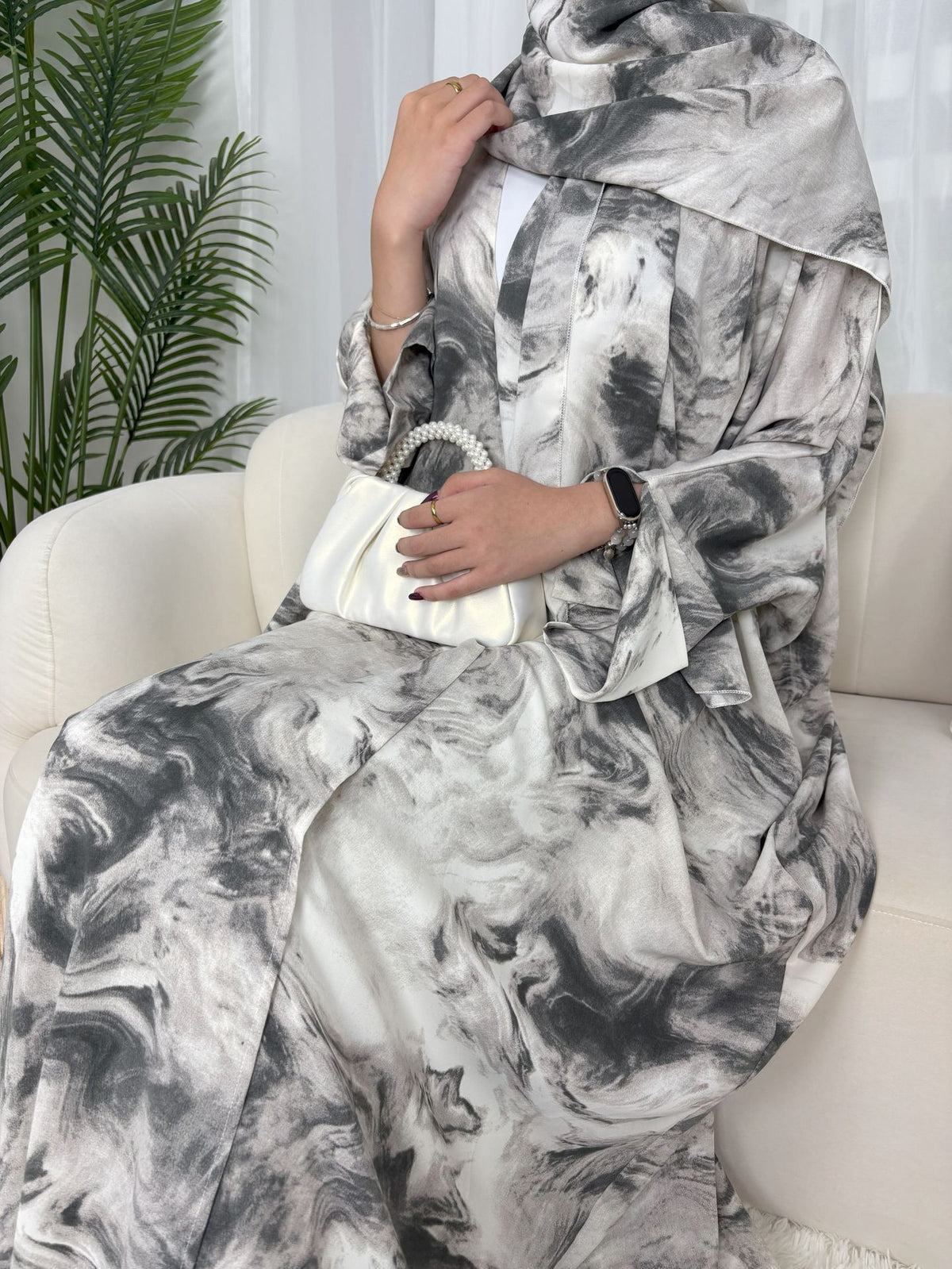 SMWT  Ink-Wash Print Batwing Cardigan + Hijab Set