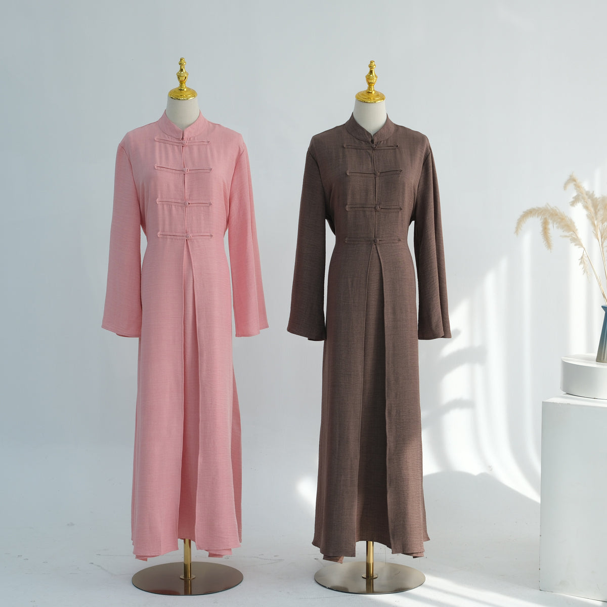 LR1124  Plain Solid Polyester Tie-Front Open Abaya Cardigan + Inner 2-Piece Set