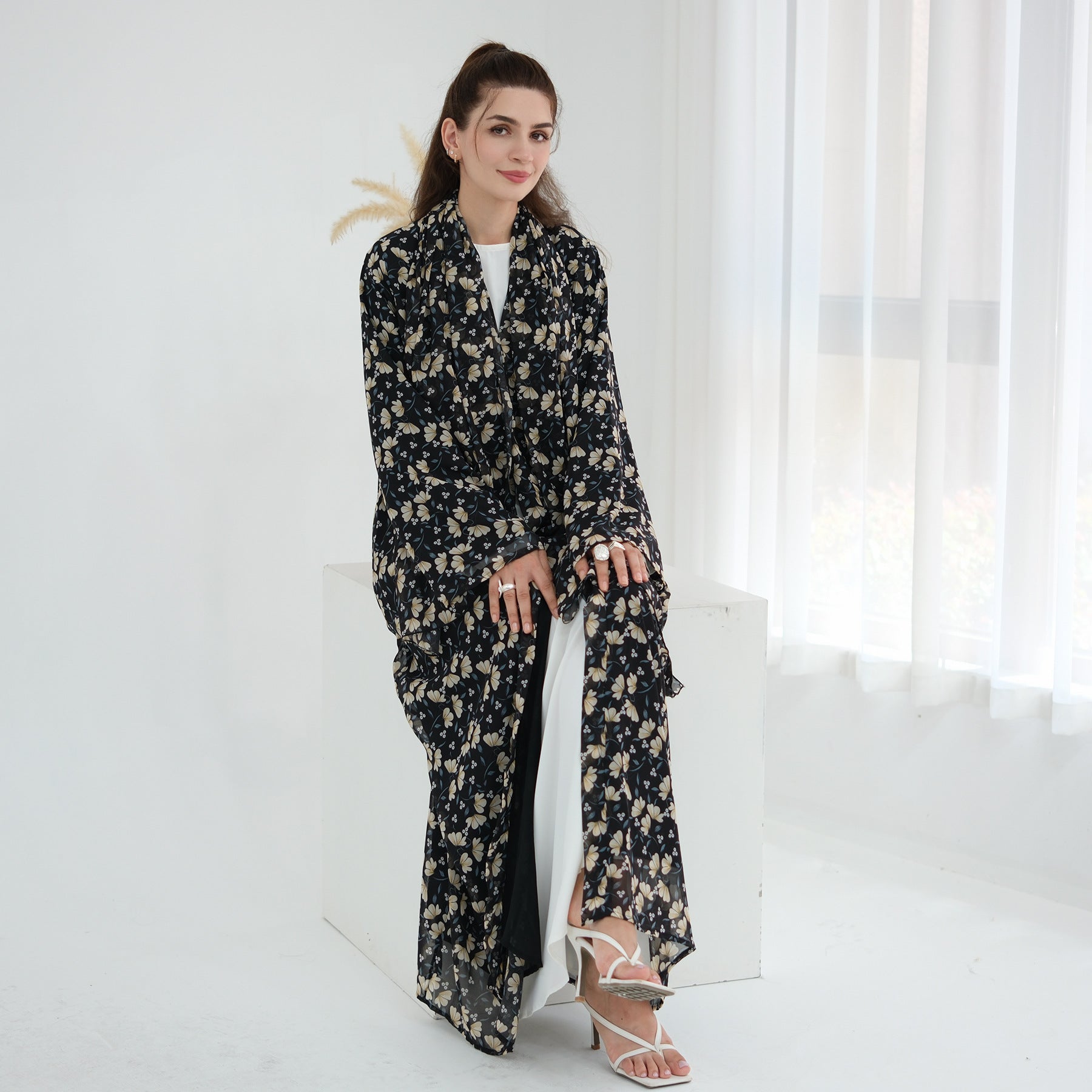 LR1067  Printed Chiffon Lined Open Abaya + Hijab Set