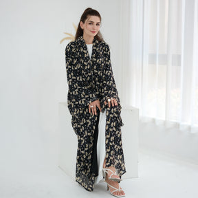 LR1067  Printed Chiffon Lined Open Abaya + Hijab Set