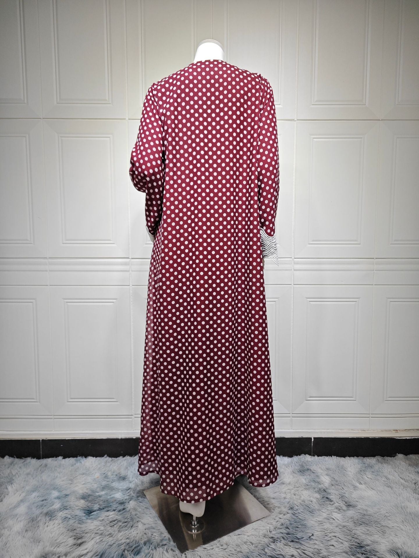 MQ297  Red Polka Dot Chiffon Wavy Lace Cardigan + Hijab Set