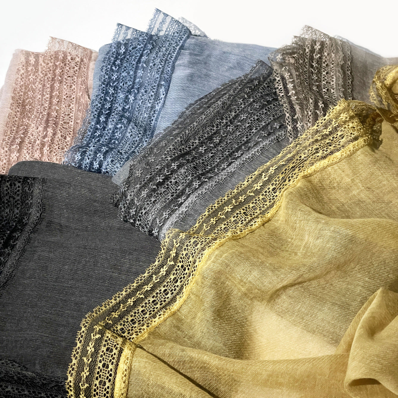 SS006  Plain Lightweight Lace Trim Polyester-Cotton Square Scarf