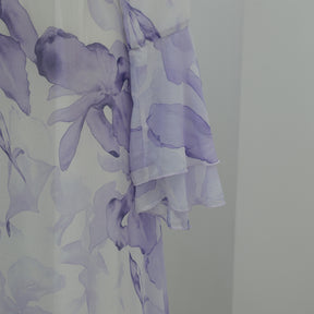 LR1338  Printed Double-Layer Chiffon Flare Sleeve Dress