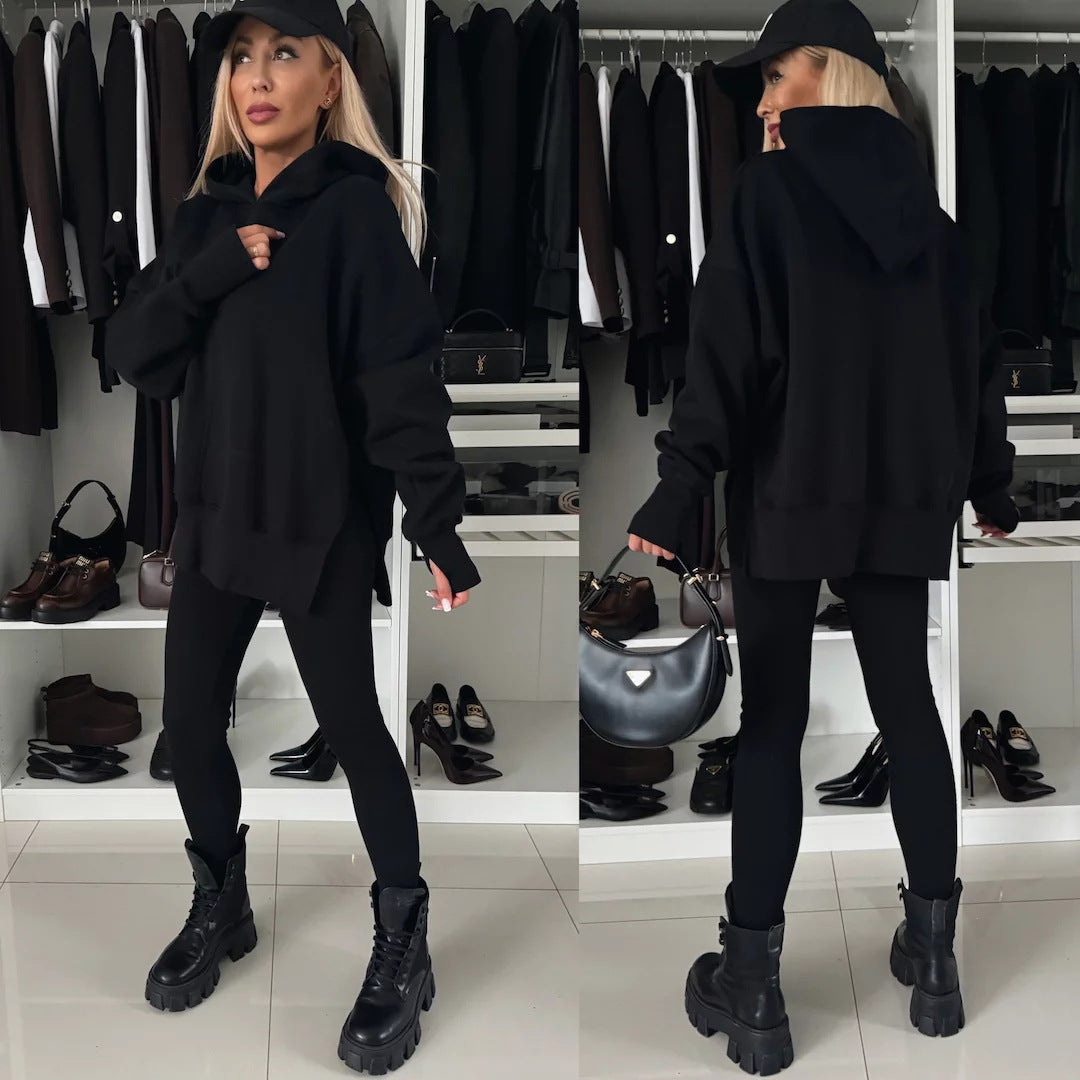 M80070  Women's Plain Printed Hooded Sweatsuit Autumn Winter Set