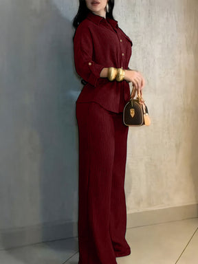 HC55359  Women's Lapel Button Shirt & Drawstring Wide-Leg Pants Set