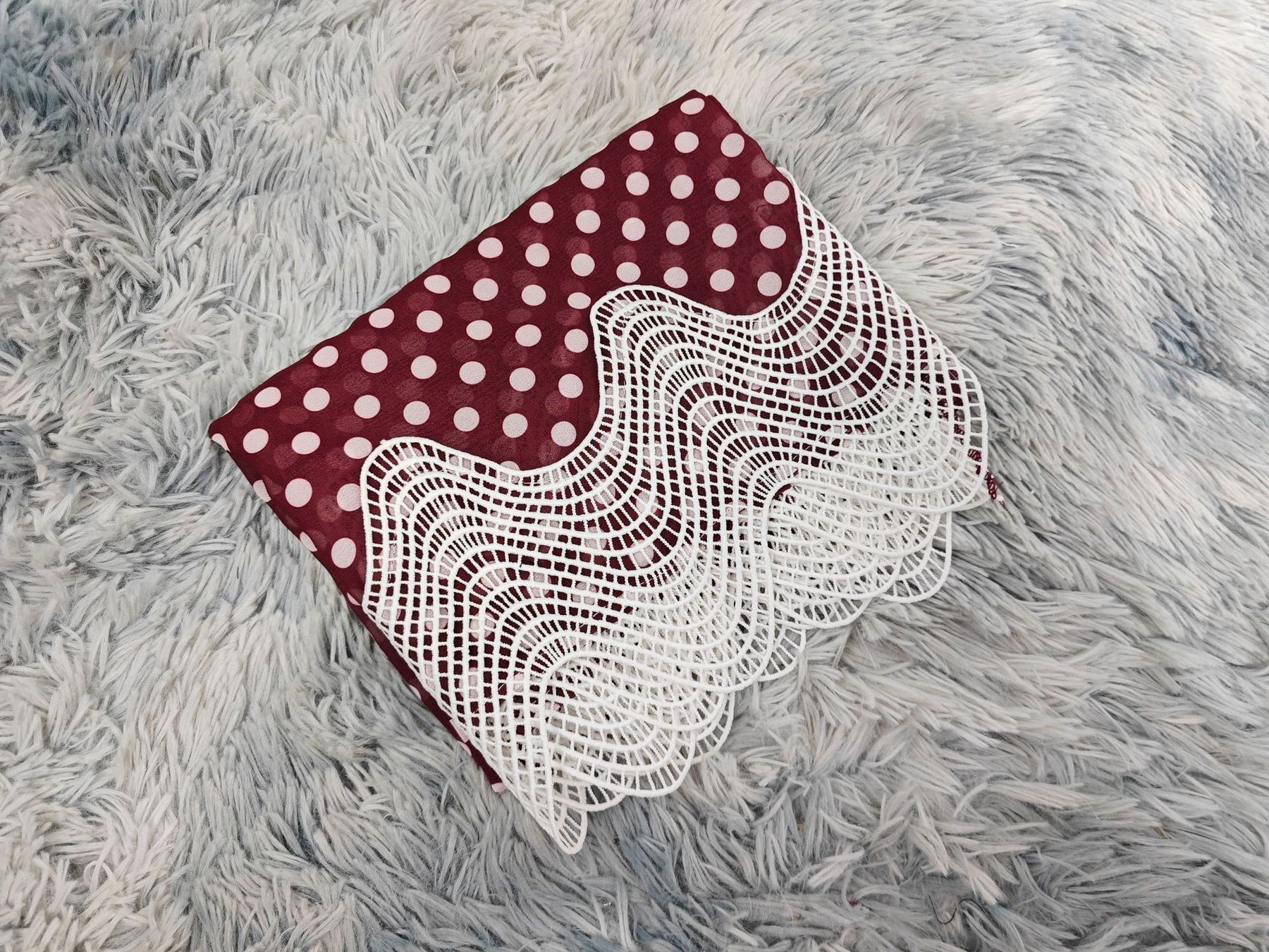 MQ297  Red Polka Dot Chiffon Wavy Lace Cardigan + Hijab Set