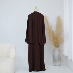 LR1191  Plain Nida Gold Foil Lace Open Abaya + Inner Layer + Hijab Set