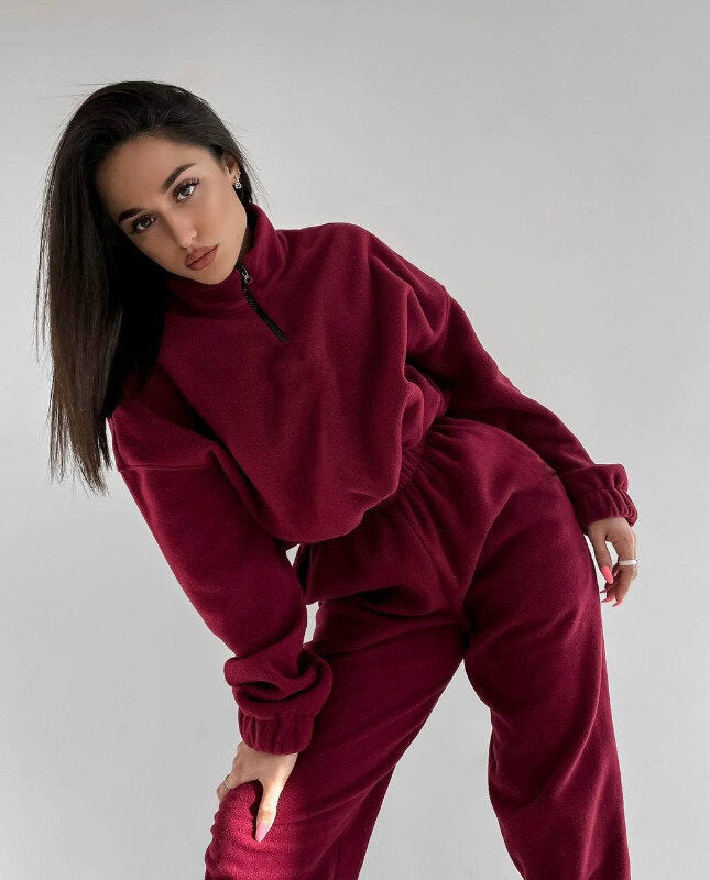 PP5972 Spring Autumn Plain Loose Zip Up Stand Collar Sweatsuit 2-Piece Set Abaya