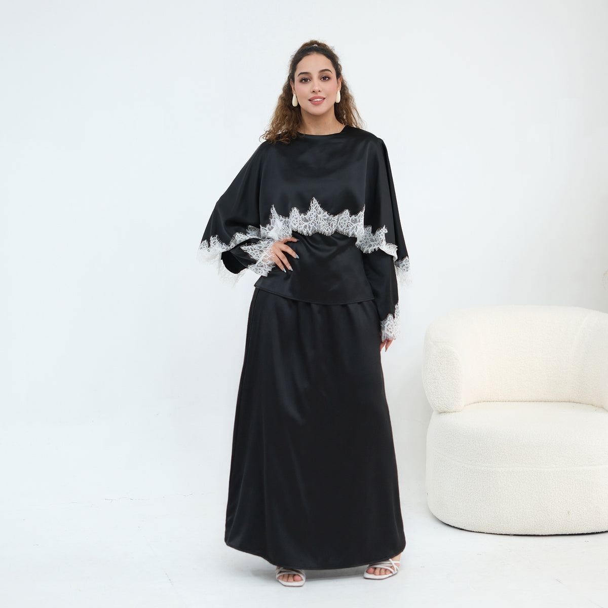 LR1178  Lace-Trim Polyester Top with Shawl & Skirt Set - Sold Separately