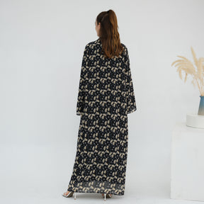 LR1067  Printed Chiffon Lined Open Abaya + Hijab Set