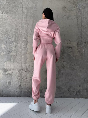 C56105  Autumn Winter Women Plain Drawstring Hooded Sweatsuit Abaya 2-Piece Set