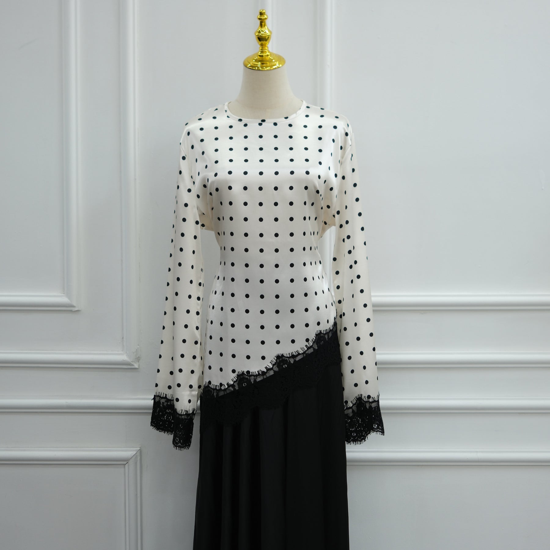 LR1357&LR1185  Lace Panel Polka Dot Polyester Top + Skirt Set