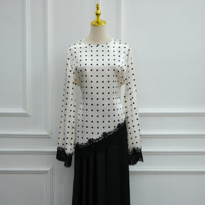 LR1357&LR1185  Lace Panel Polka Dot Polyester Top + Skirt Set