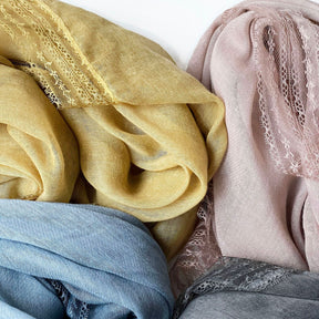 SS006  Plain Lightweight Lace Trim Polyester-Cotton Square Scarf