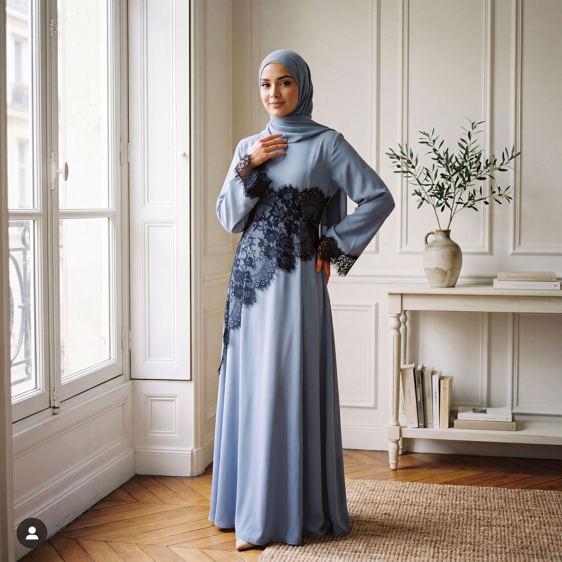 LR1174  Plus size lace panel long sleeve waist-cinching dress