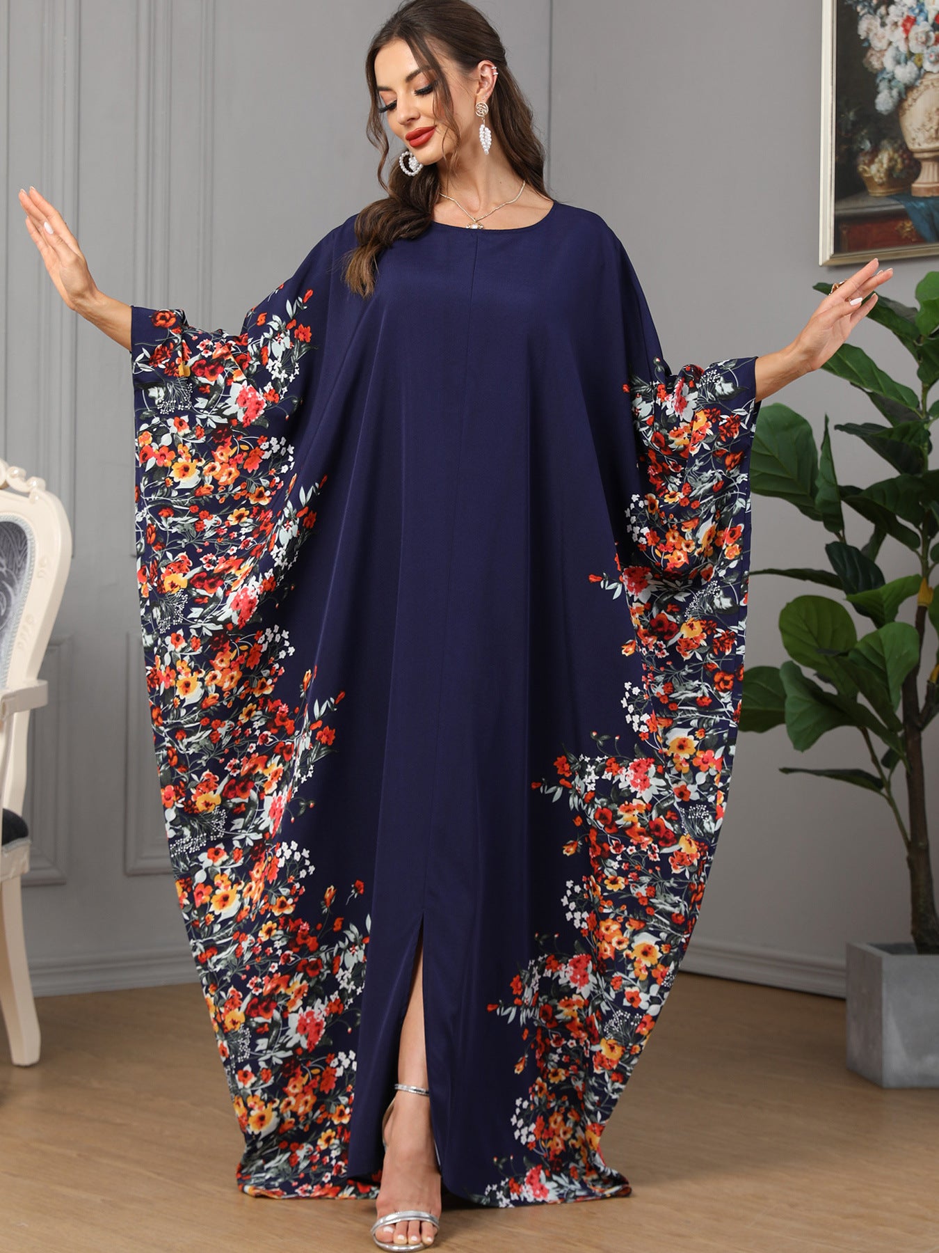 3422  Batwing sleeve printed dress