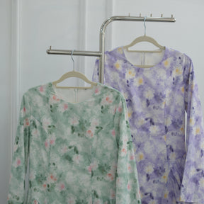 LR1373  Elegant Floral Center Print Double-Layer Polyester Tie Waist Dress