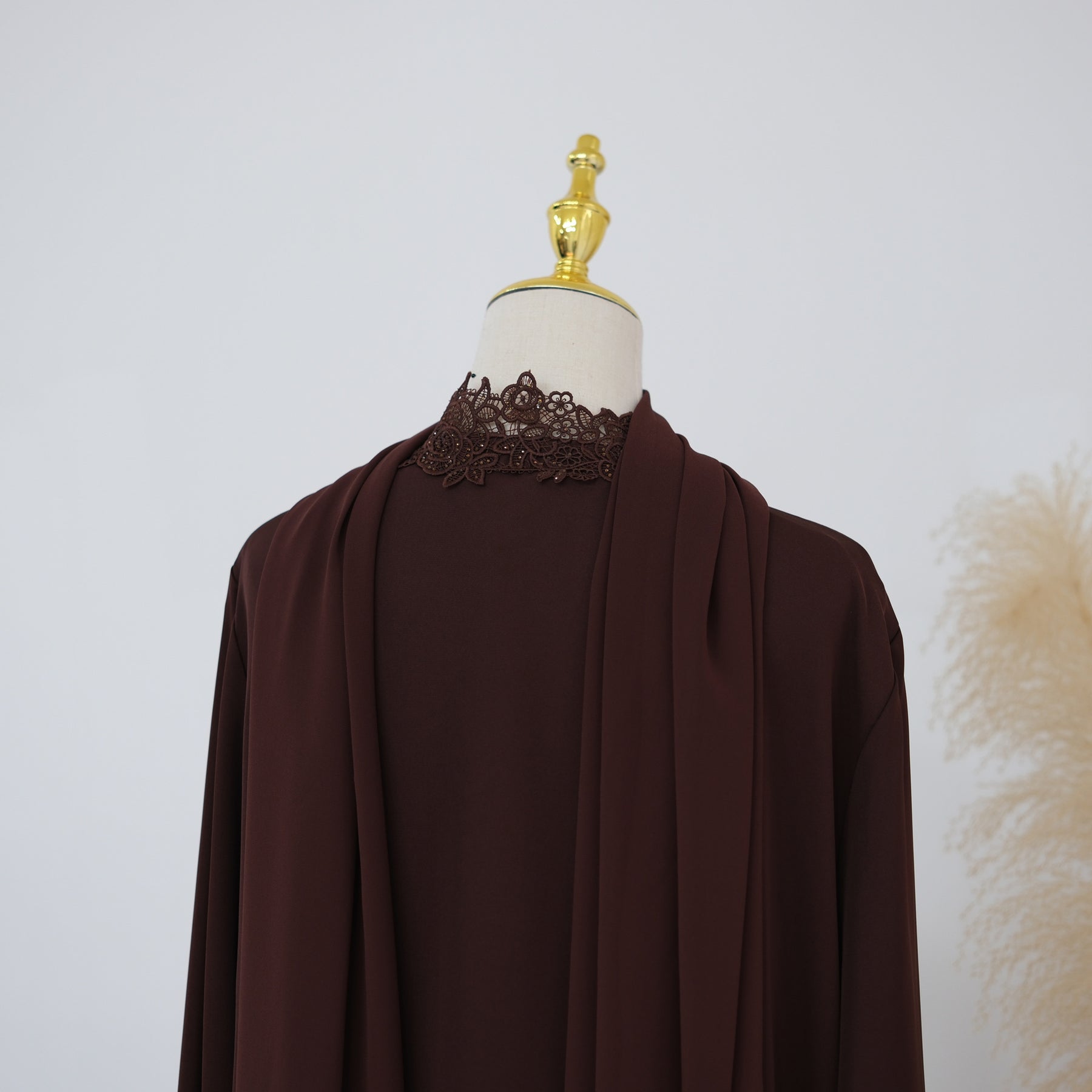 LR1191  Plain Nida Gold Foil Lace Open Abaya + Inner Layer + Hijab Set