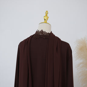 LR1191  Plain Nida Gold Foil Lace Open Abaya + Inner Layer + Hijab Set