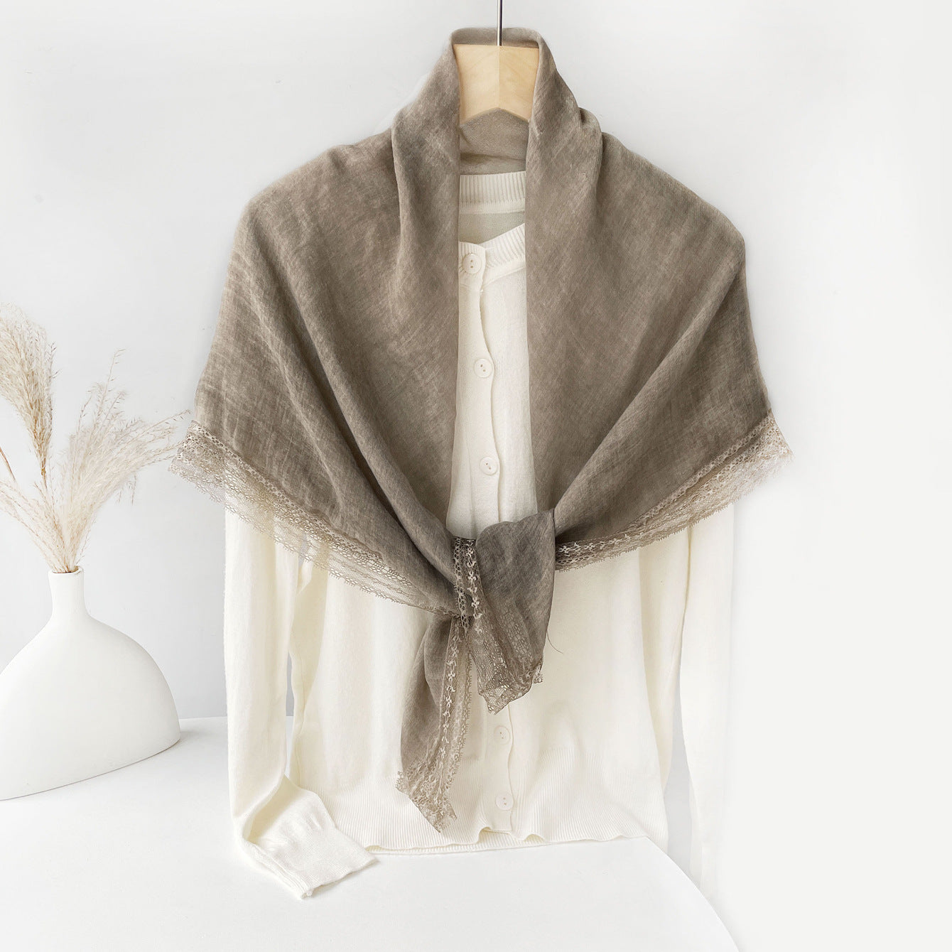 SS006  Plain Lightweight Lace Trim Polyester-Cotton Square Scarf