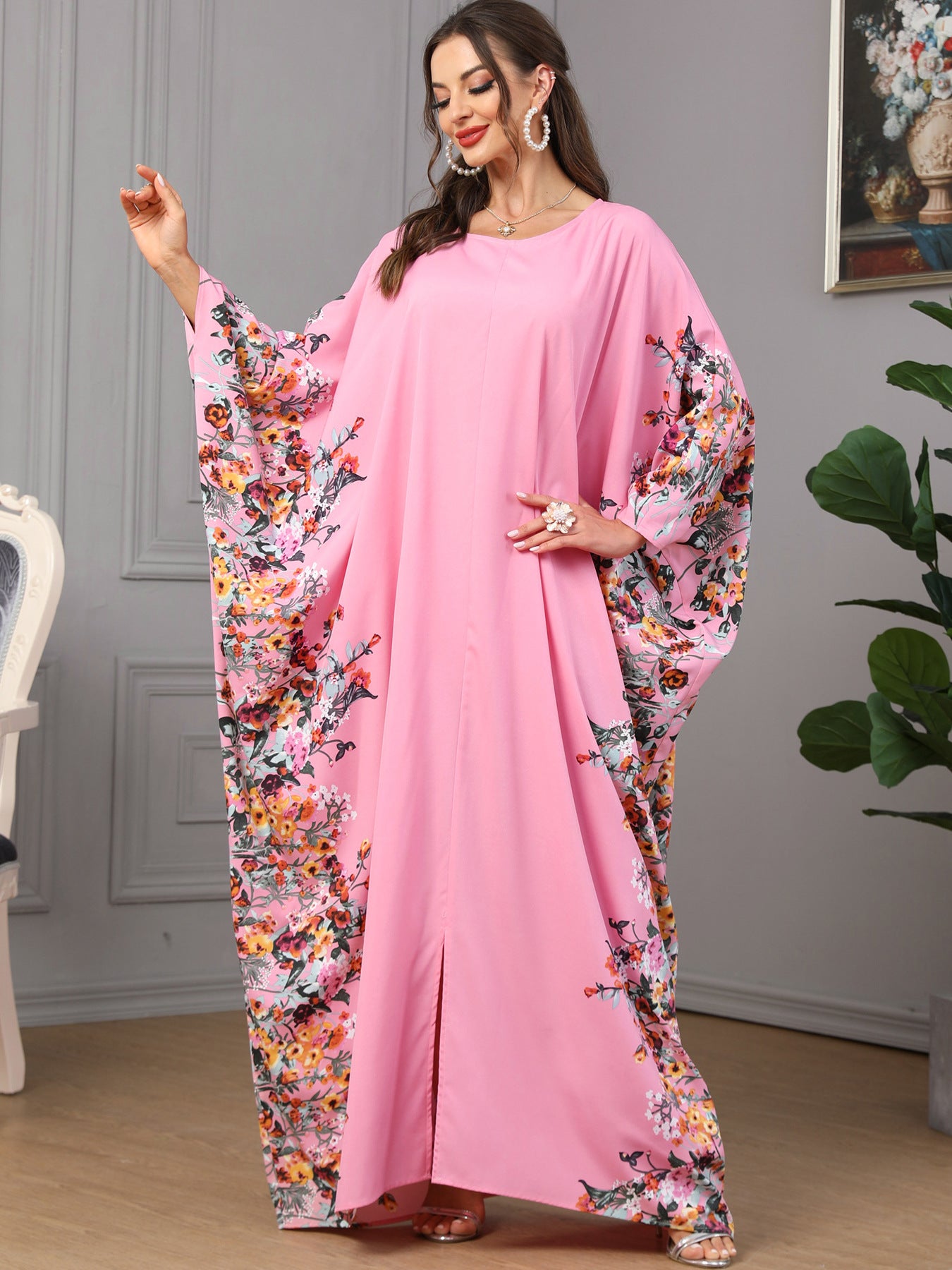 3422  Batwing sleeve printed dress