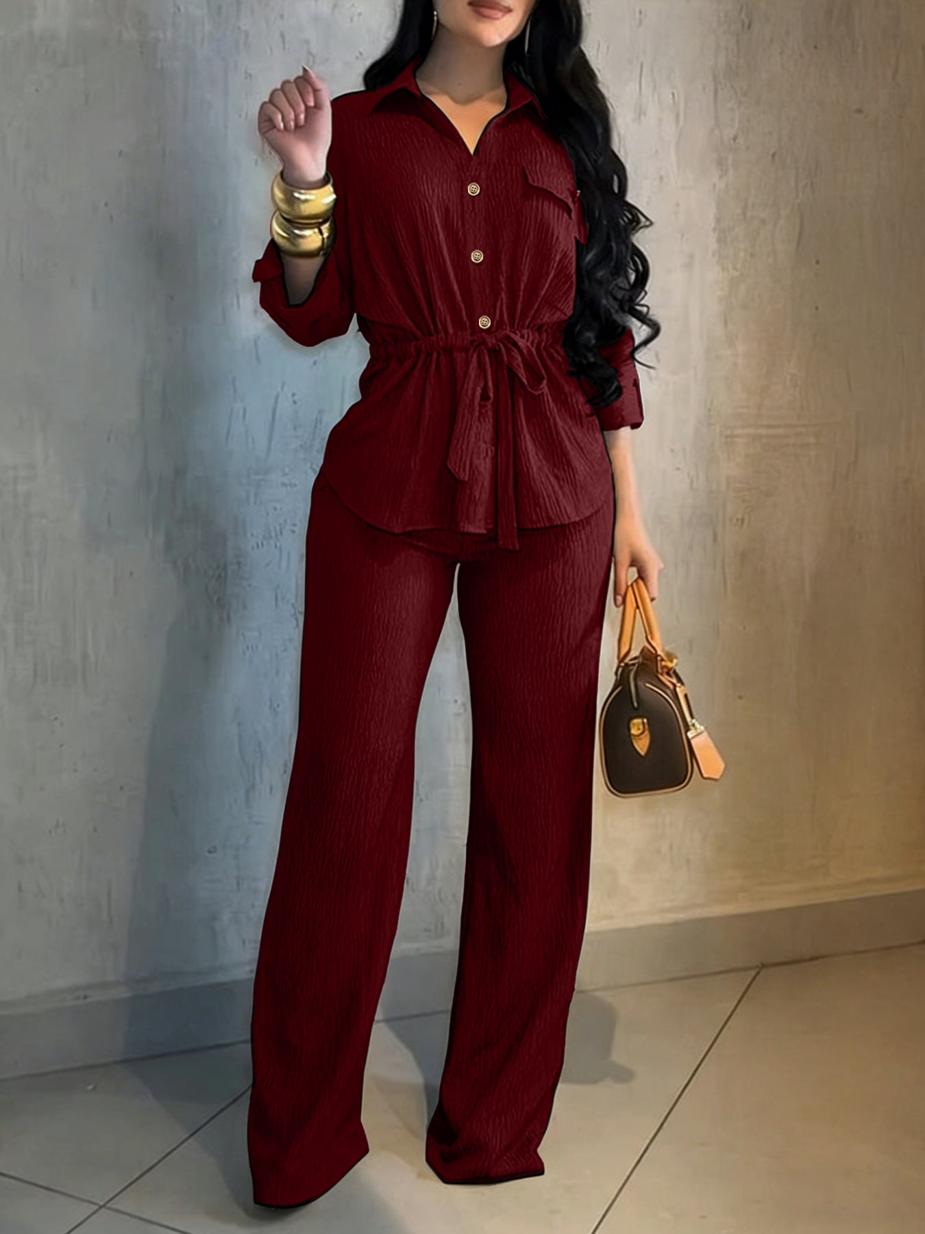 HC55359  Women's Lapel Button Shirt & Drawstring Wide-Leg Pants Set