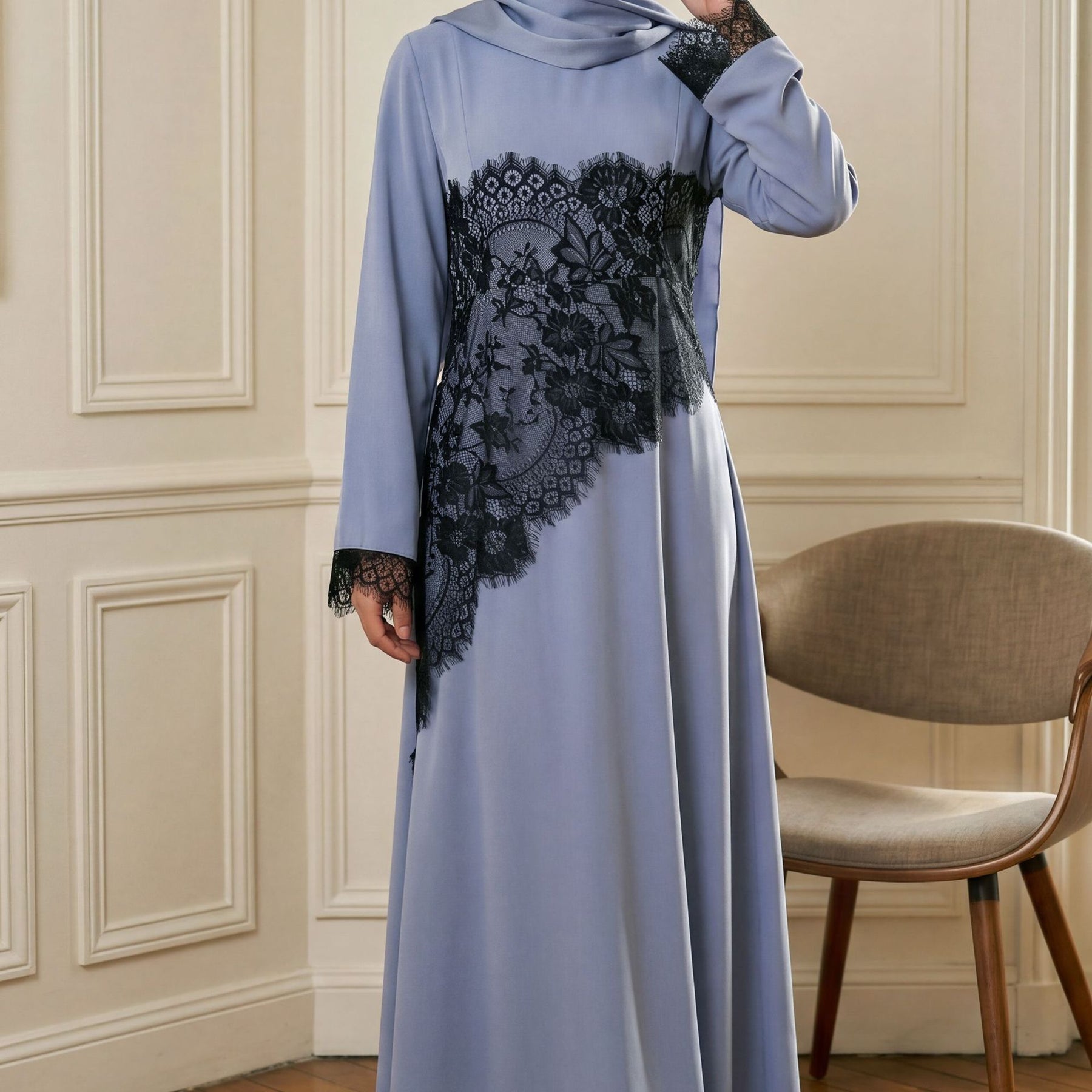 LR1174  Plus size lace panel long sleeve waist-cinching dress