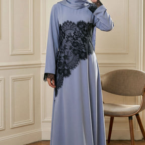 LR1174  Plus size lace panel long sleeve waist-cinching dress