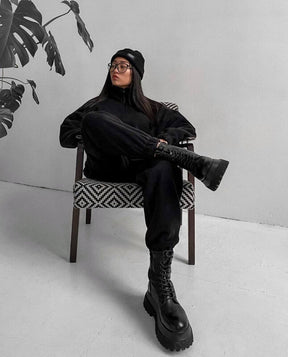 PP5972 Spring Autumn Plain Loose Zip Up Stand Collar Sweatsuit 2-Piece Set Abaya