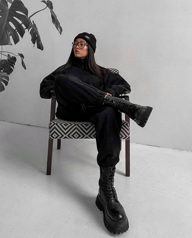 PP5972 Spring Autumn Plain Loose Zip Up Stand Collar Sweatsuit 2-Piece Set Abaya