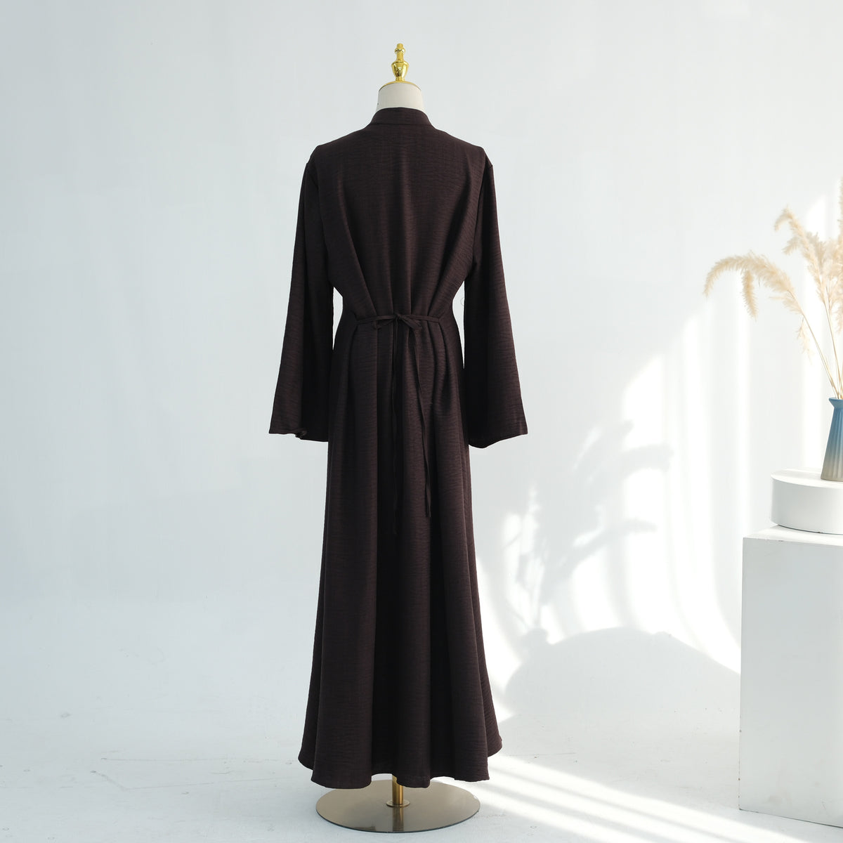 LR1124  Plain Solid Polyester Tie-Front Open Abaya Cardigan + Inner 2-Piece Set
