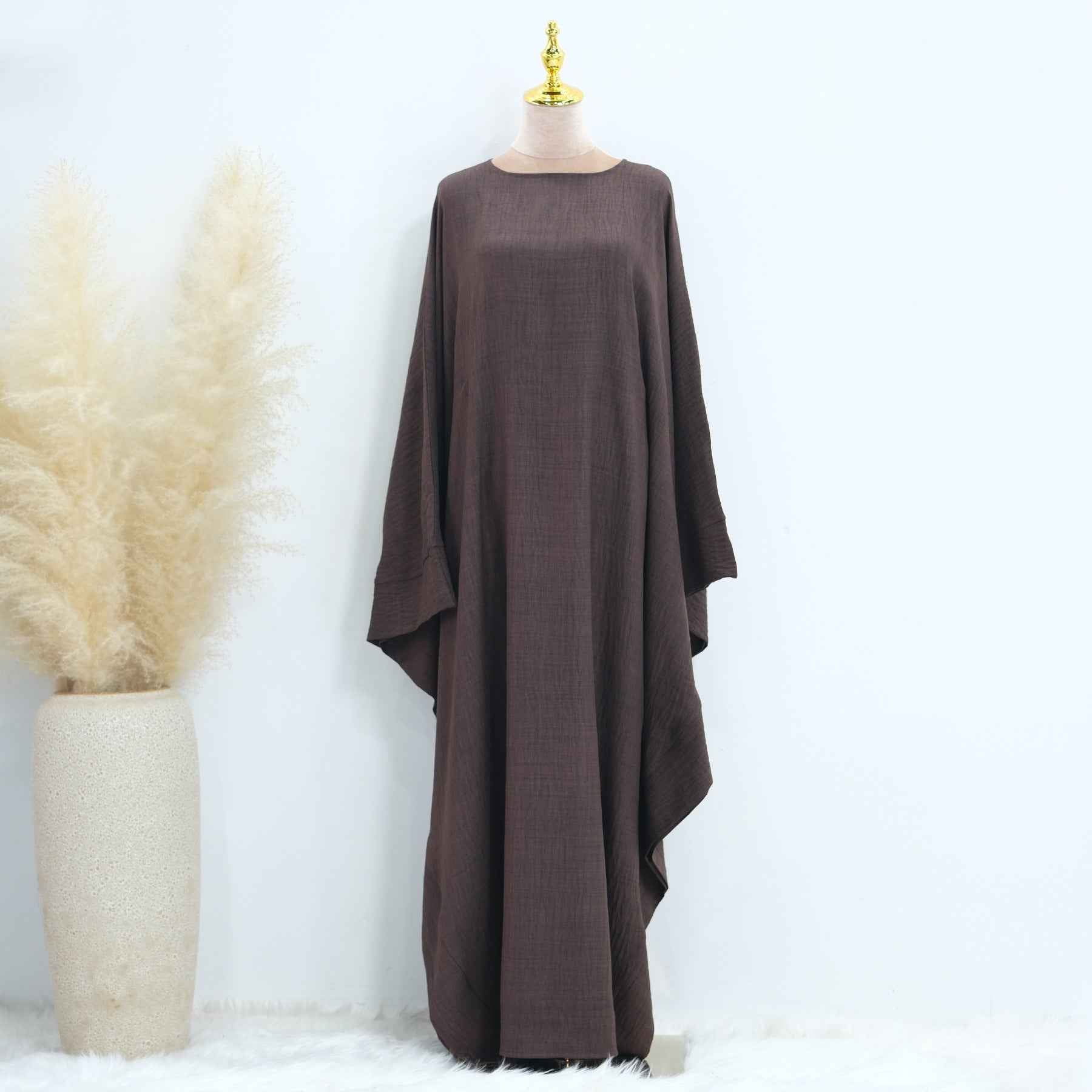 LR719 Abaya Dress with Draped Waist & Batwing Sleeves