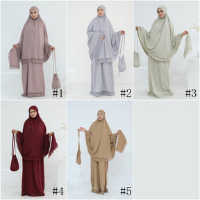 LR957  4-Piece Prayer Mat Storage Bag Lace Hijab & Skirt Set