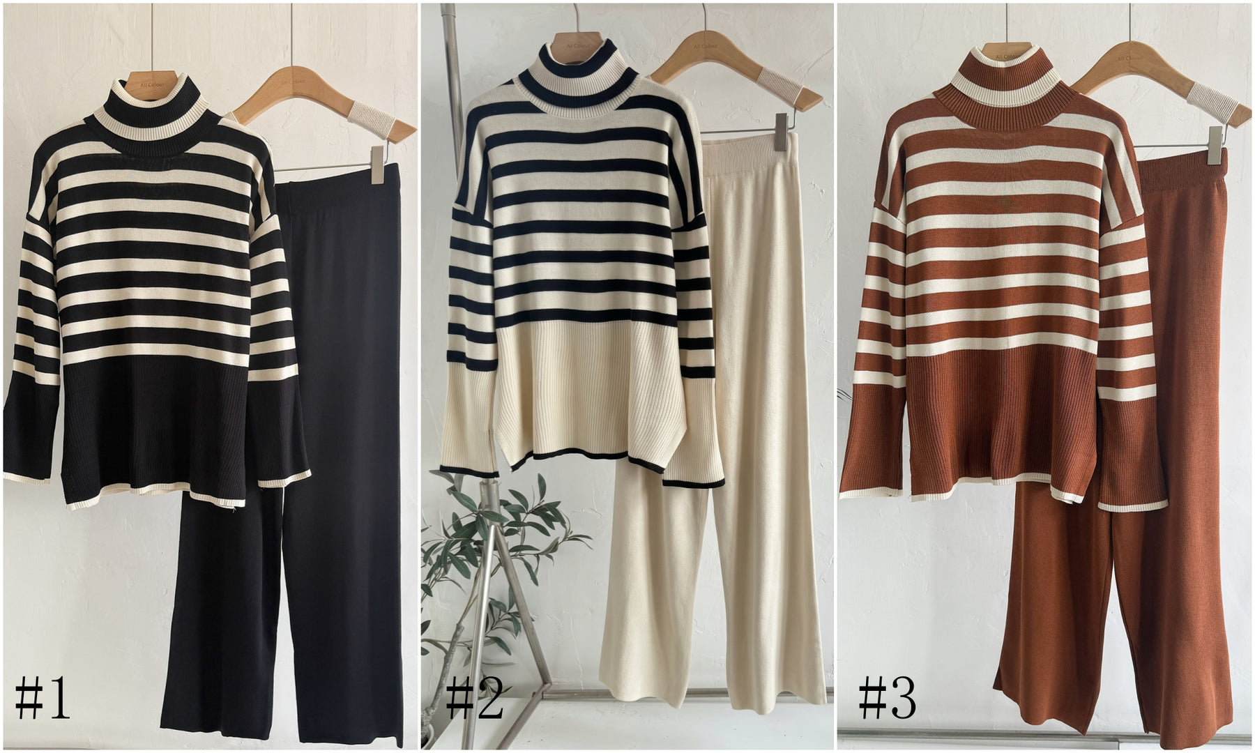 Striped Jersey Loose High Neck Sweater 2-Piece Set