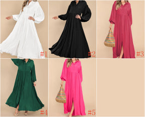 7826  Women's Casual Plain Button Lapel Pleated Long Sleeve Maxi Dress