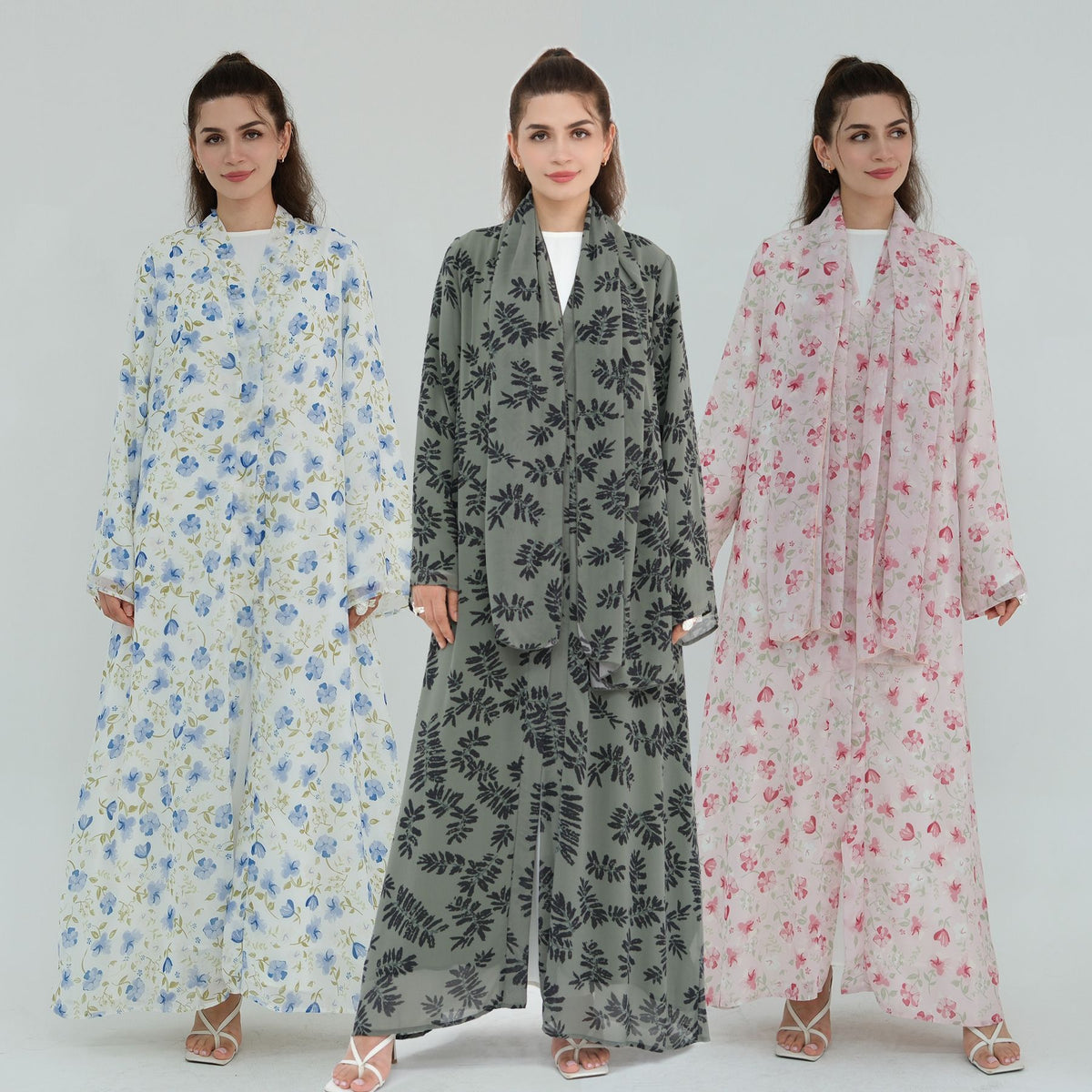 LR1067  Printed Chiffon Lined Open Abaya + Hijab Set