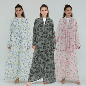 LR1067  Printed Chiffon Lined Open Abaya + Hijab Set